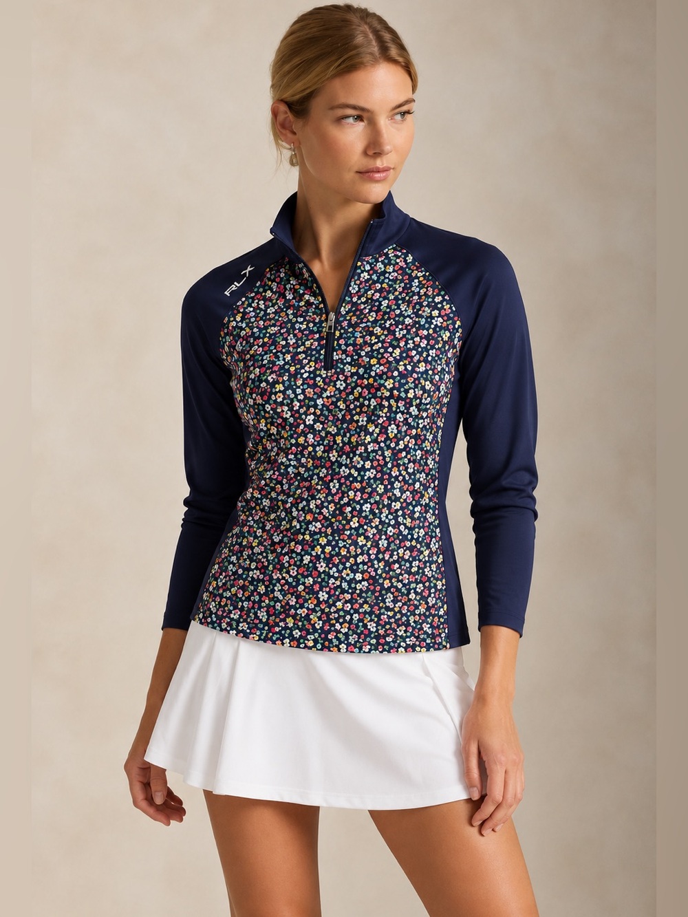 RLX Ralph Lauren Navy Floral Print Quarter Zip Golf Pullover Performance Top L
